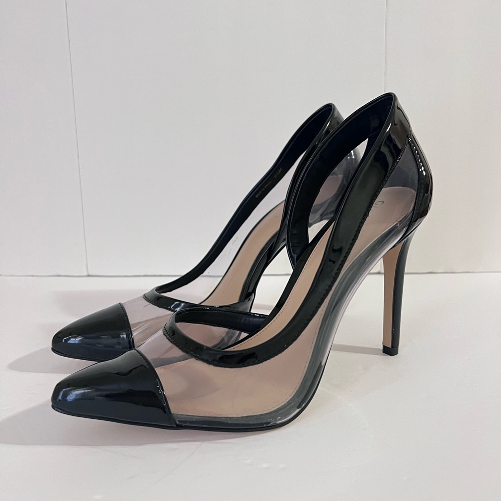 Gianni Bini Falenn Black Patent and clear stiletto heels, size 8 1/2
